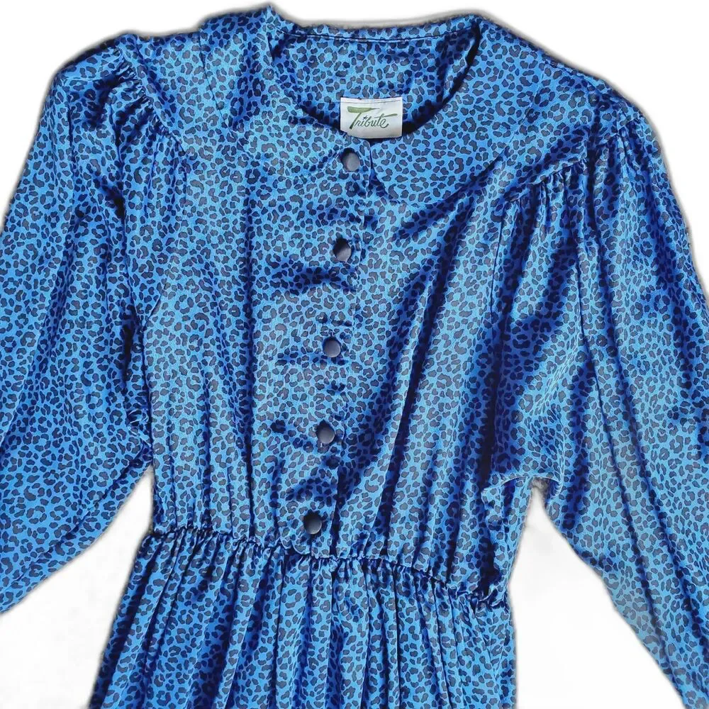 Vintage Tribute Blue Animal Print Dress Elastic Waist Long Sleeve Size M GUC - Picture 4 of 14